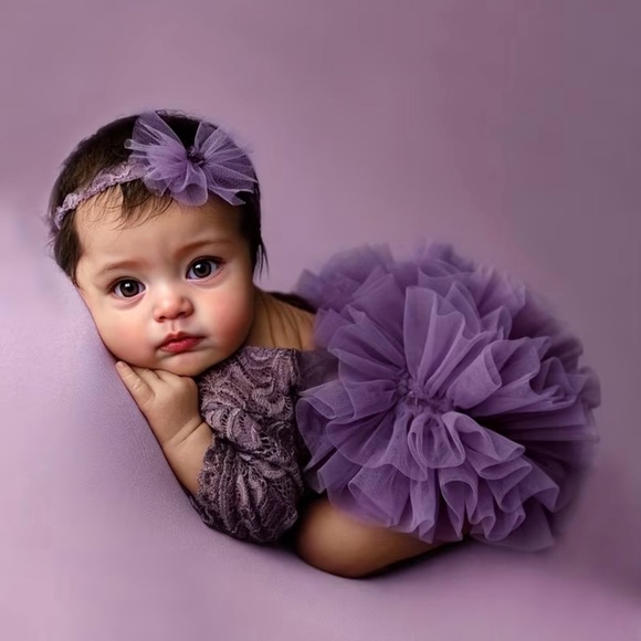 Other - Purple Tulle and Lace Baby Infant Newborn Headband and Tutu Dress Set for Photos